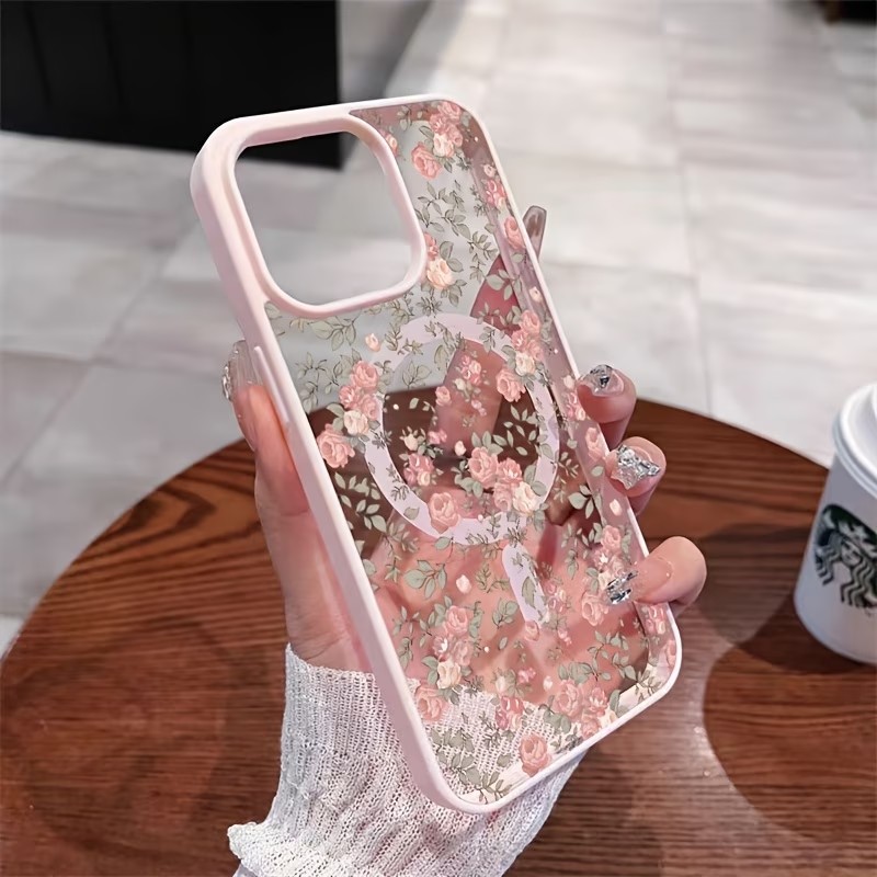 Clear Shockproof Bumper Case - Pembe Minik Gül Desenli Şeffaf Manyetik